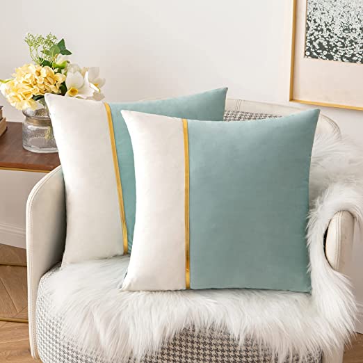 PACK OF 2 VELVET DECORATIVE SQUARE CUSHION - AQUA AND WHITE