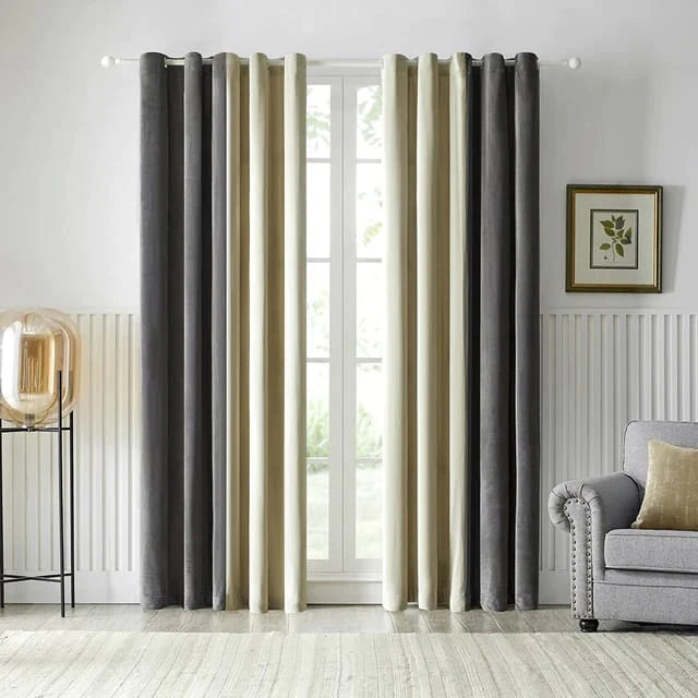 Luxury Velvet Curtains Grey & Cream LEC-136