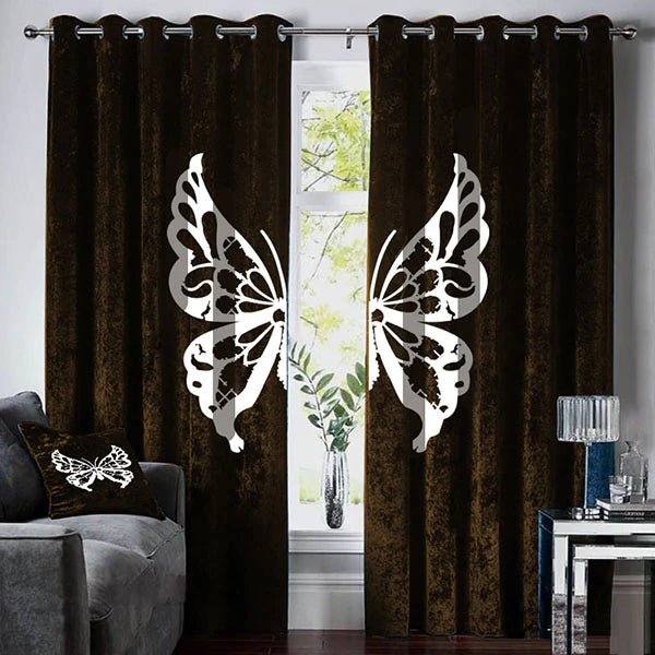 Luxury Velvet Butterfly Curtains ( 2 Curtains Set )Brown LEC-110