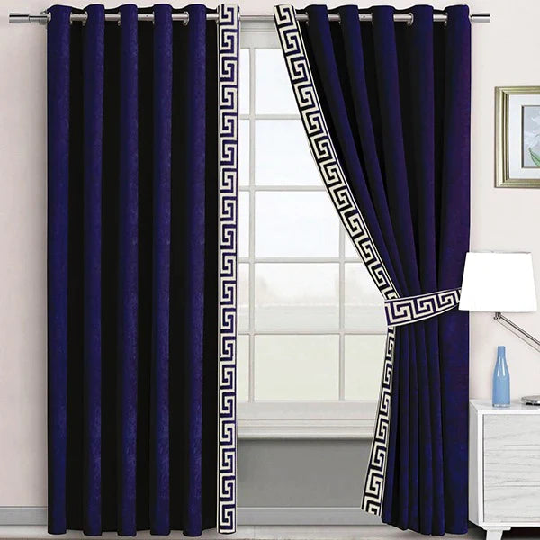 2 Panels Luxury Velvet Embroidered Curtains With 2 Belts(Navy & Off White)