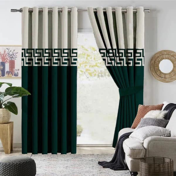 2 PIECE OF PREMIUM VELVET CURTAINS BORDER DESIGN (GREEN & OFFWHITE)