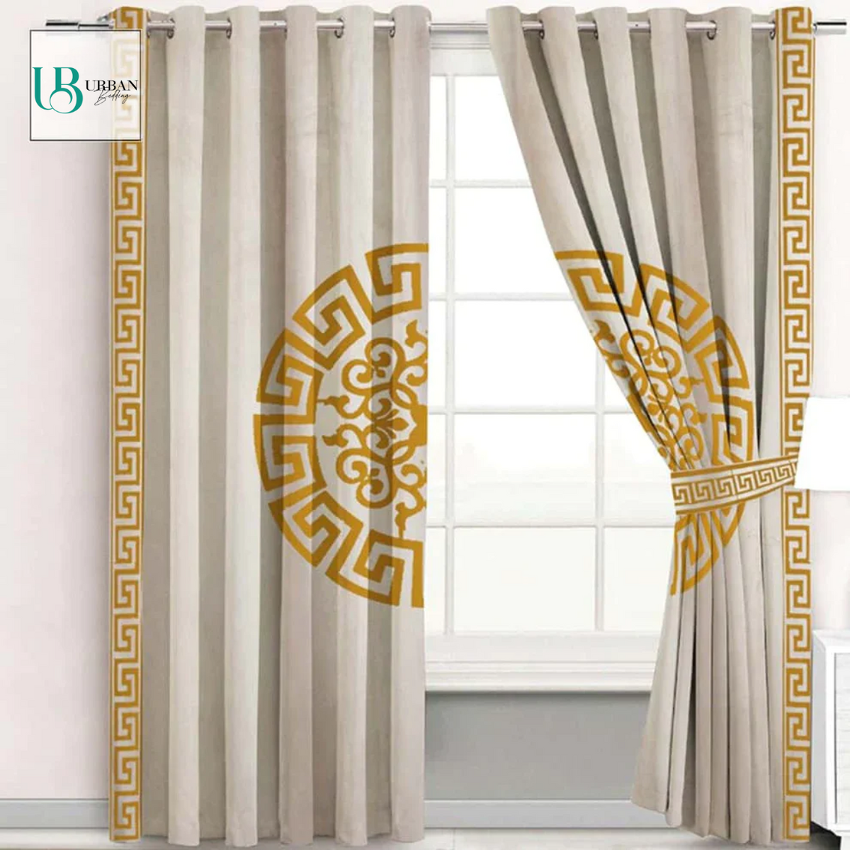 2 Pieces Premium splendid velvet curtain Panels & 2 Belts (Beige/Gold)