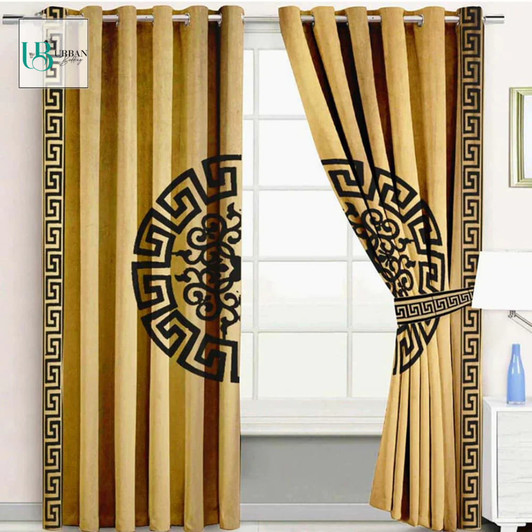 2 Pieces Premium splendid velvet curtain Panels & 2 Belts (Gold/Black)
