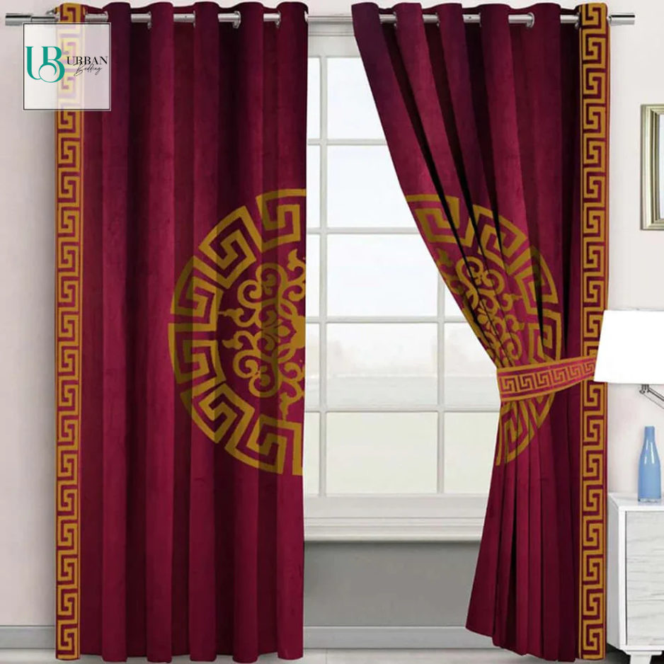 2 Pieces Premium splendid velvet curtain Panels & 2 Belts (Maroon/Gold)