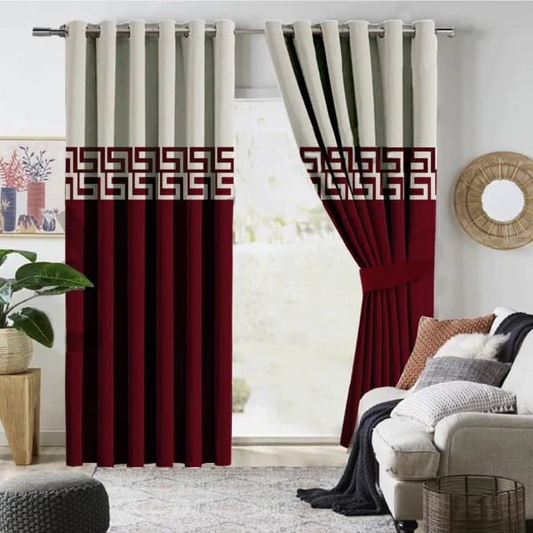 2 PIECE OF PREMIUM VELVET CURTAINS BORDER DESIGN (MAROON & OFFWHITE)