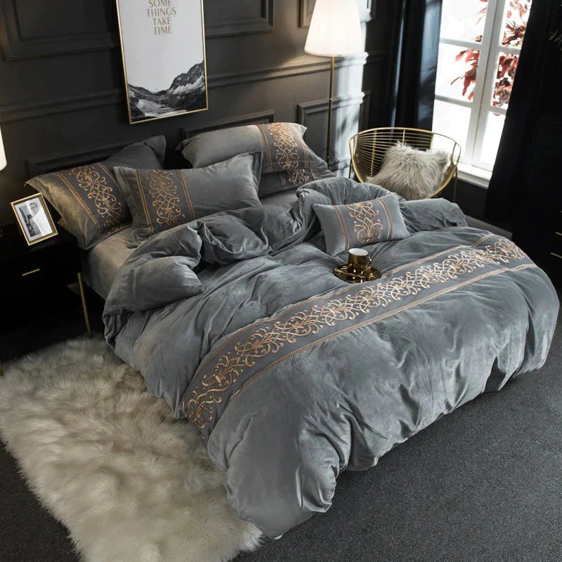 LUXURY EMBROIDERED VELVET DUVET SILVER GREY