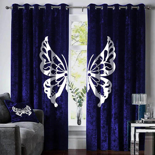 Luxury Velvet Butterfly Curtains ( 2 Curtains Set )Royal Blue LEC-113