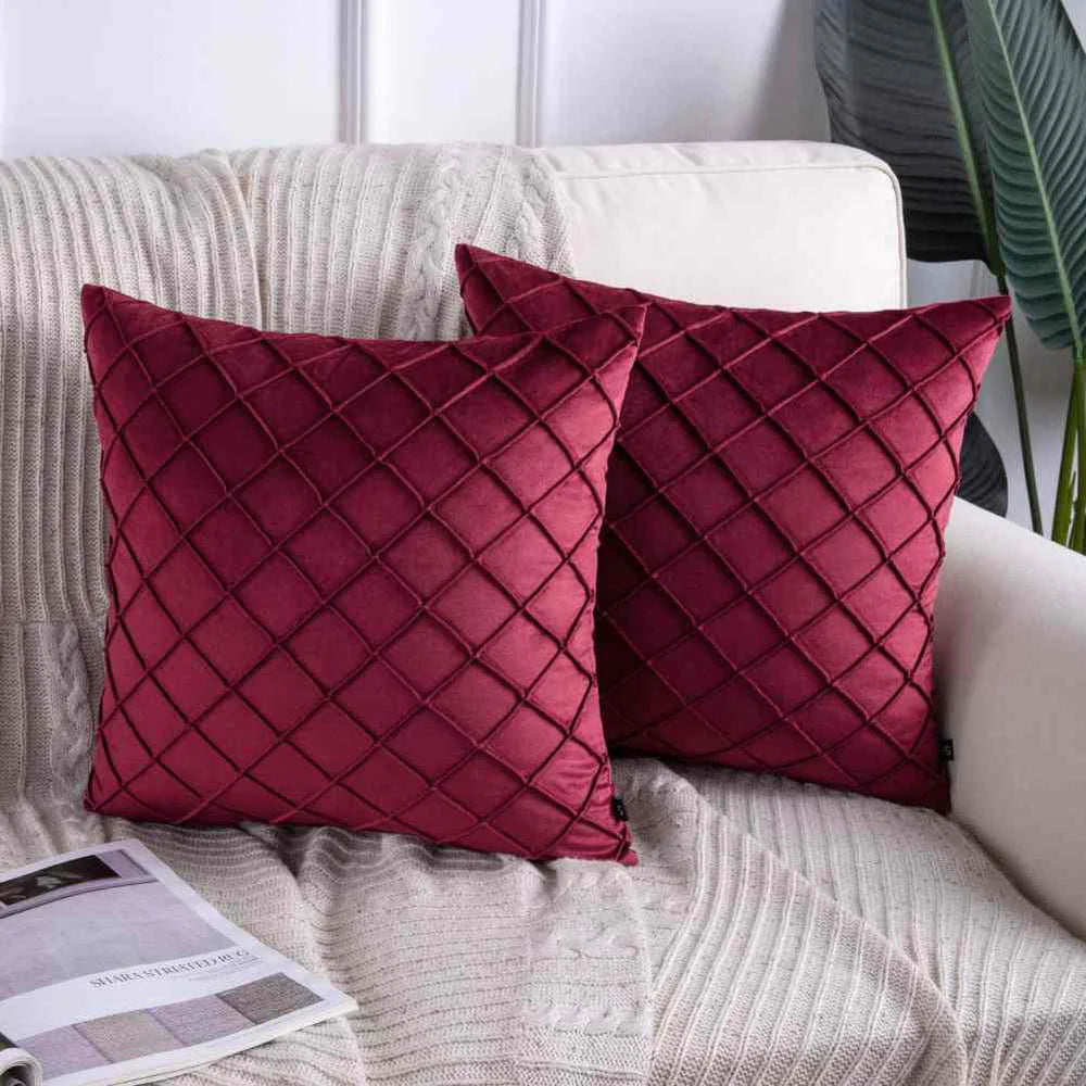 PACK OF 2 VELVET PLEATED SQUARE CUSHION MAROON Urban Bedding