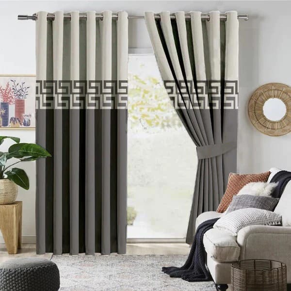 2 PIECES OF PREMIUM VELVET CURTAINS BORDER DESIGN (GREY & OFFWHITE)