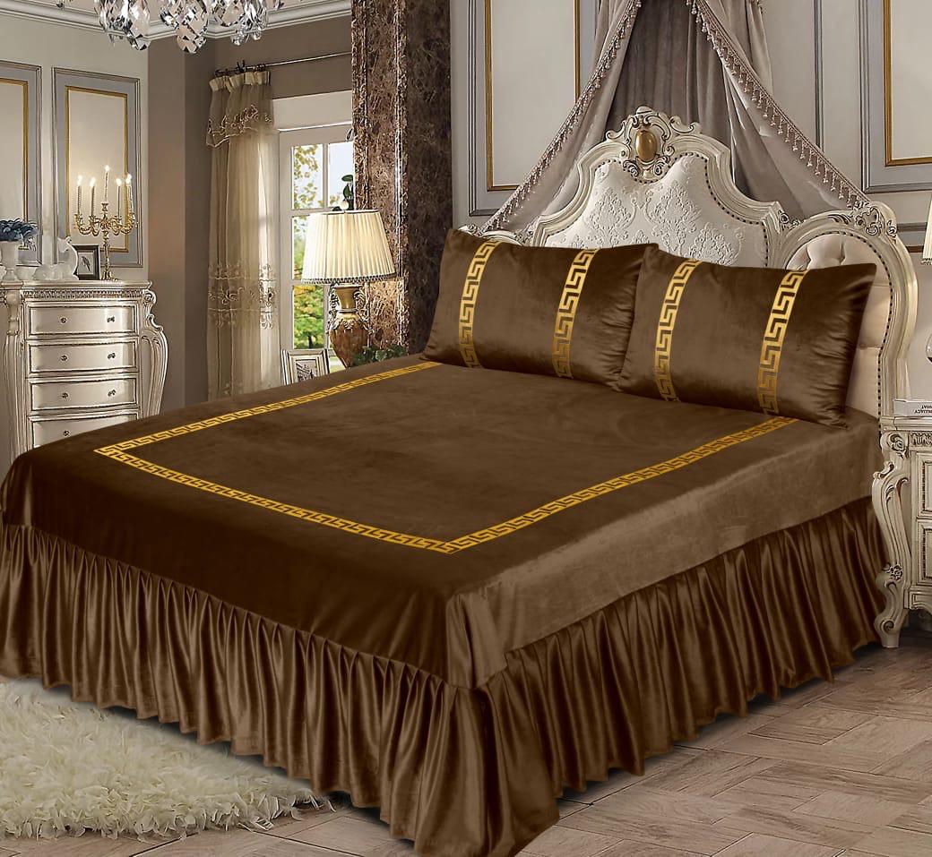 3PCS BROWN VELVET FRILL BED SHEET SET BE-1506