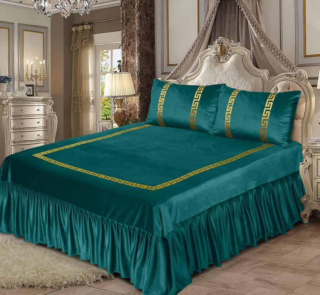 3PCS GREEN VELVET FRILL BED SHEET SET BE-1503