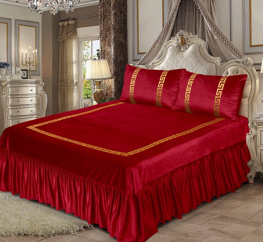 3PCS MAROON VELVET FRILL BED SHEET SET BE-1504