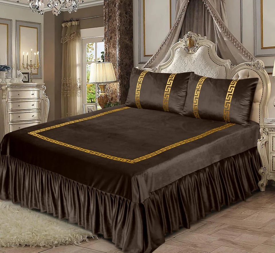 3PCS BLACK VELVET FRILL BED SHEET SET BE-1500
