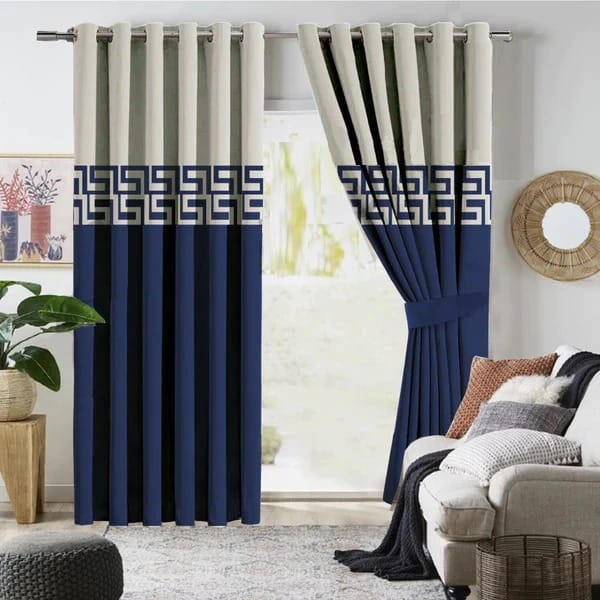2 PIECE OF PREMIUM VELVET CURTAINS BORDER DESIGN(BLUE & OFFWHITE)