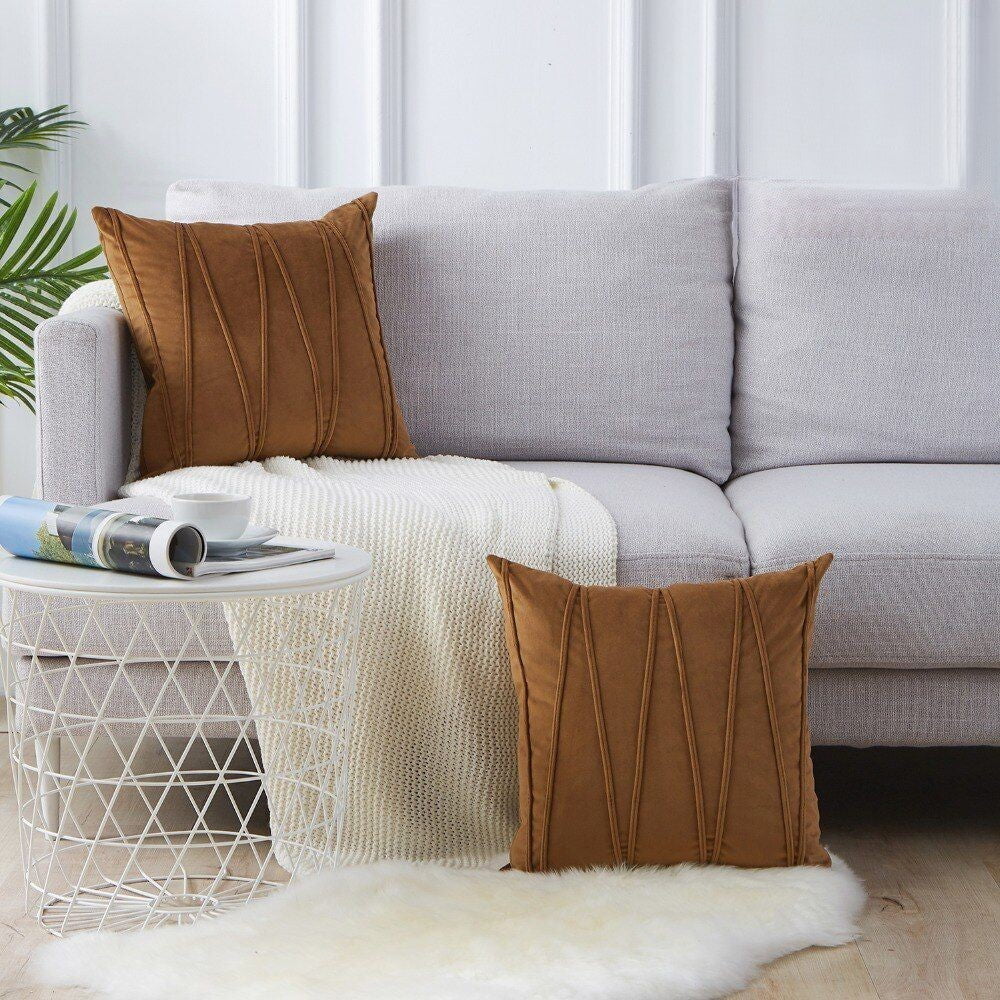 PACK OF 2 VELVET DECORATIVE SQUARE CUSHION -BROWN