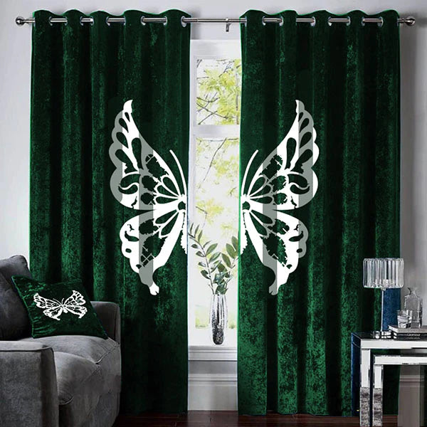 Luxury Velvet Butterfly Curtains ( 2 Curtains Set )Green LEC-111
