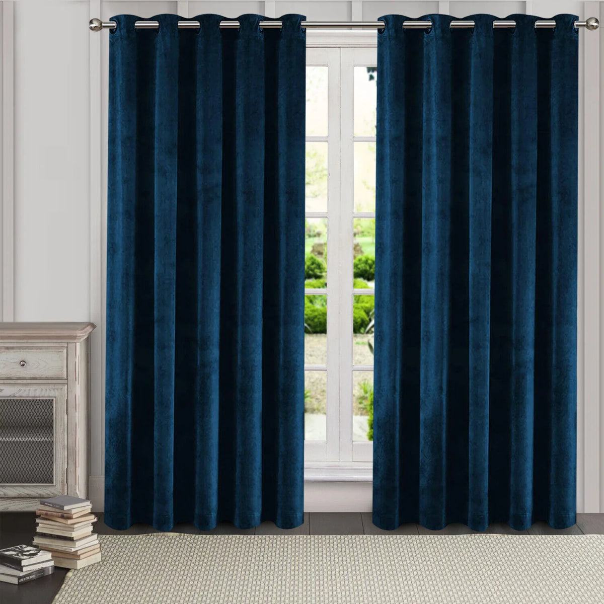 2 Piece Luxury Plain Velvet Curtain-Navy Blue