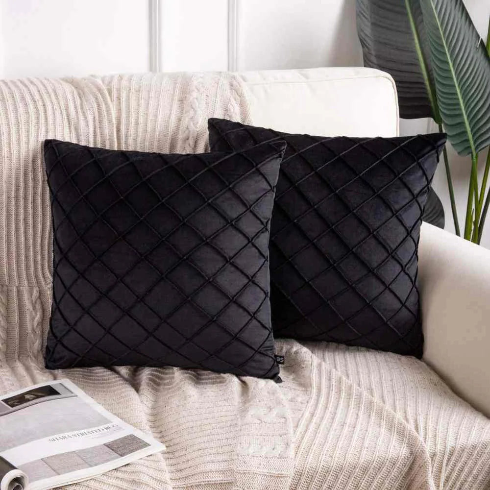 PACK OF 2 VELVET PLEATED SQUARE CUSHION - BLACK