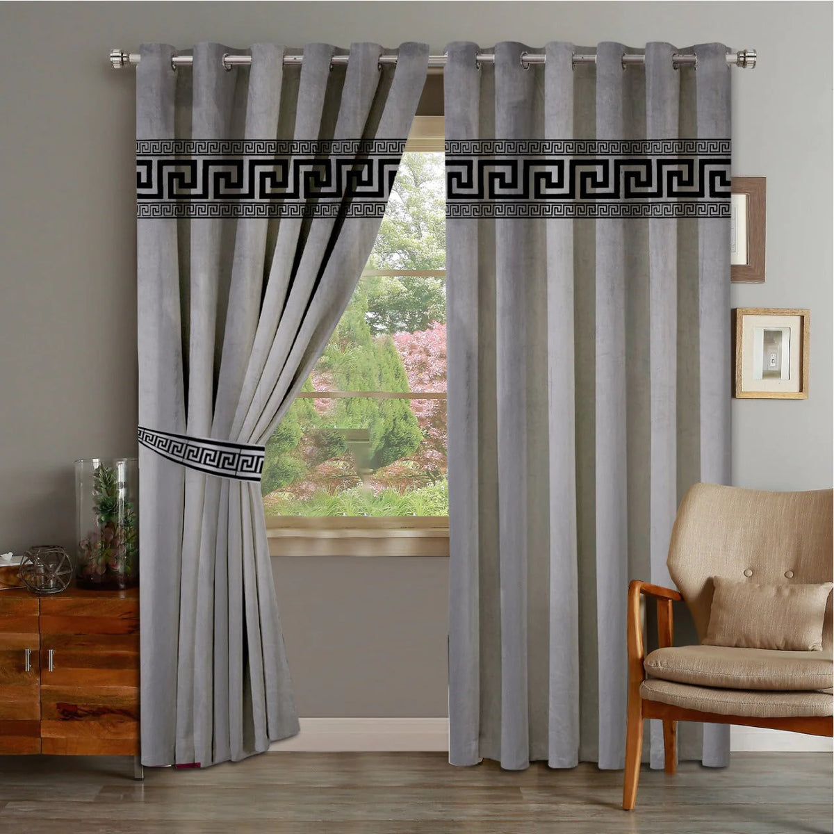 Luxury Embossed Velvet Curtains (2 Panels With 2 Belts) Silver & Black LEC-107