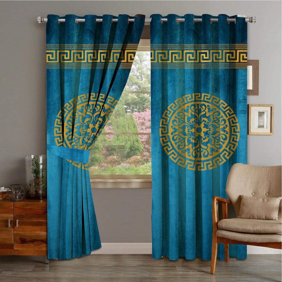 2 PIECE OF PREMIUM VELVET CURTAINS WITH 2 BELTS (BLUE&GOLD)