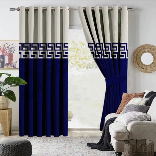 2 PIECE OF PREMIUM VELVET CURTAINS BORDER DESIGN (ROYAL BLUE & OFFWHITE)