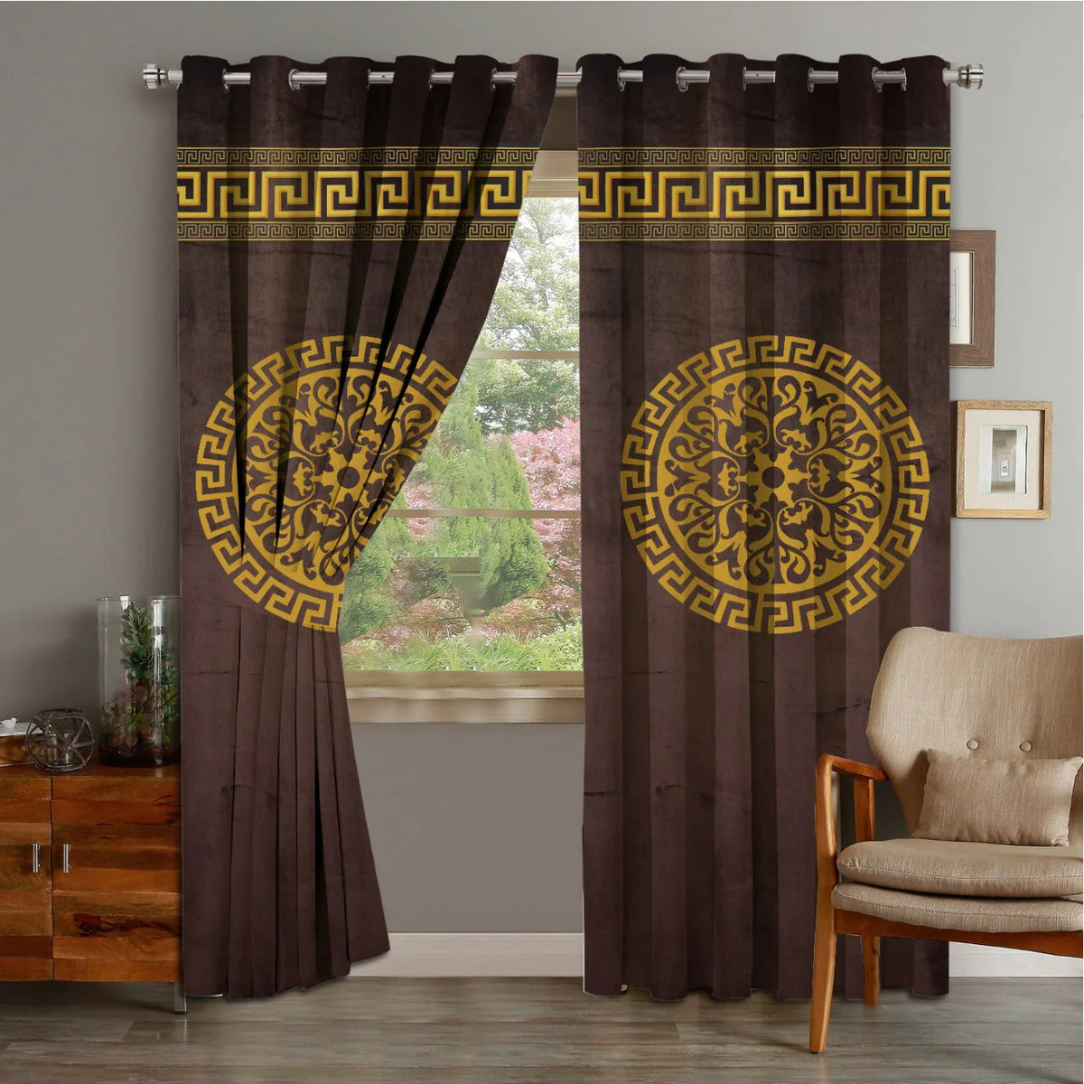 2 PIECES OF PREMIUM VELVET CURTAINS WITH 2 BELTS (BROWN&GOLD)