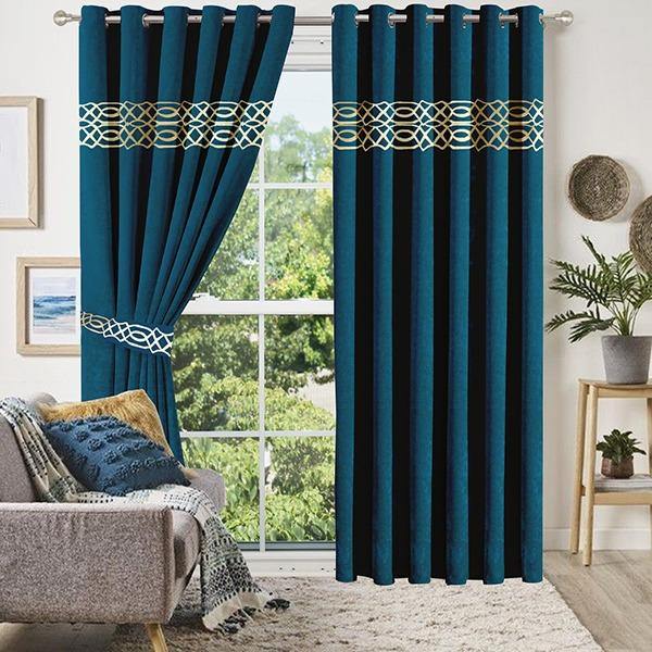 Luxury Embossed Velvet Curtains (2 Panels With 2 Belts) Teal Zinc LEC-104