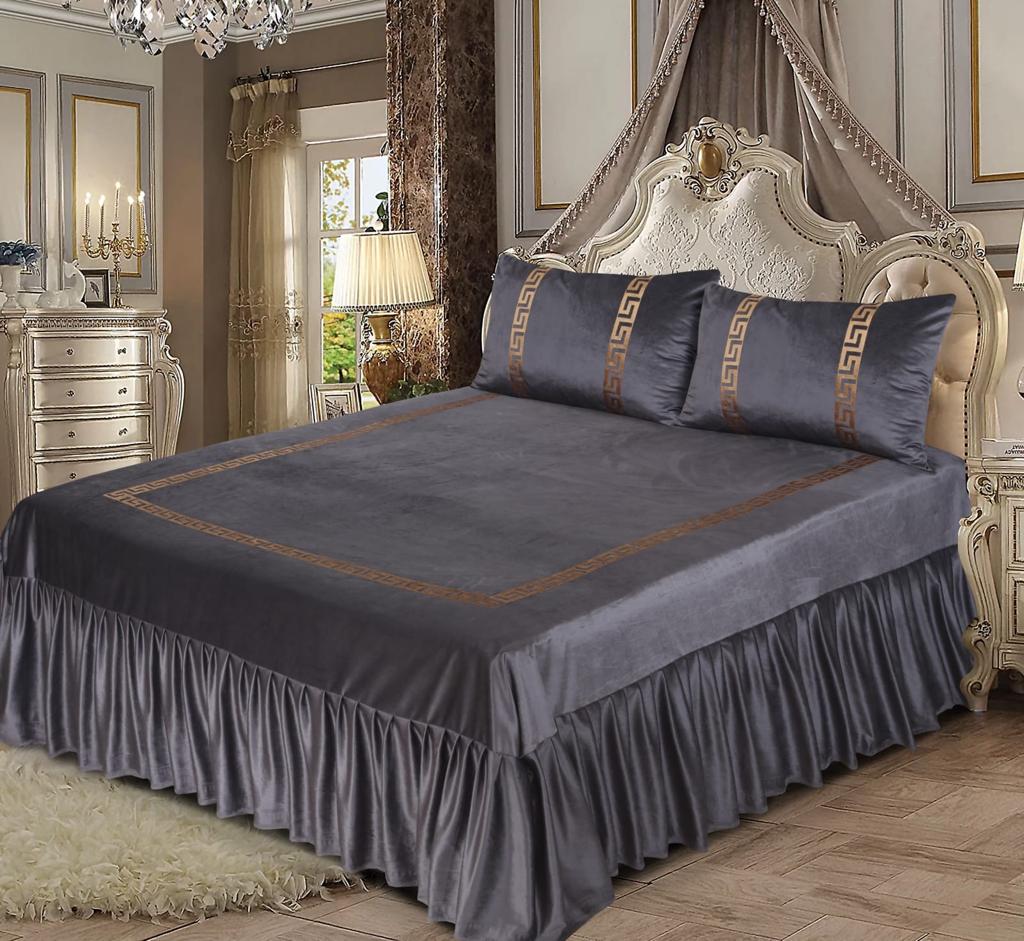 3PCS GREY VELVET FRILL BED SHEET SET BE-1502