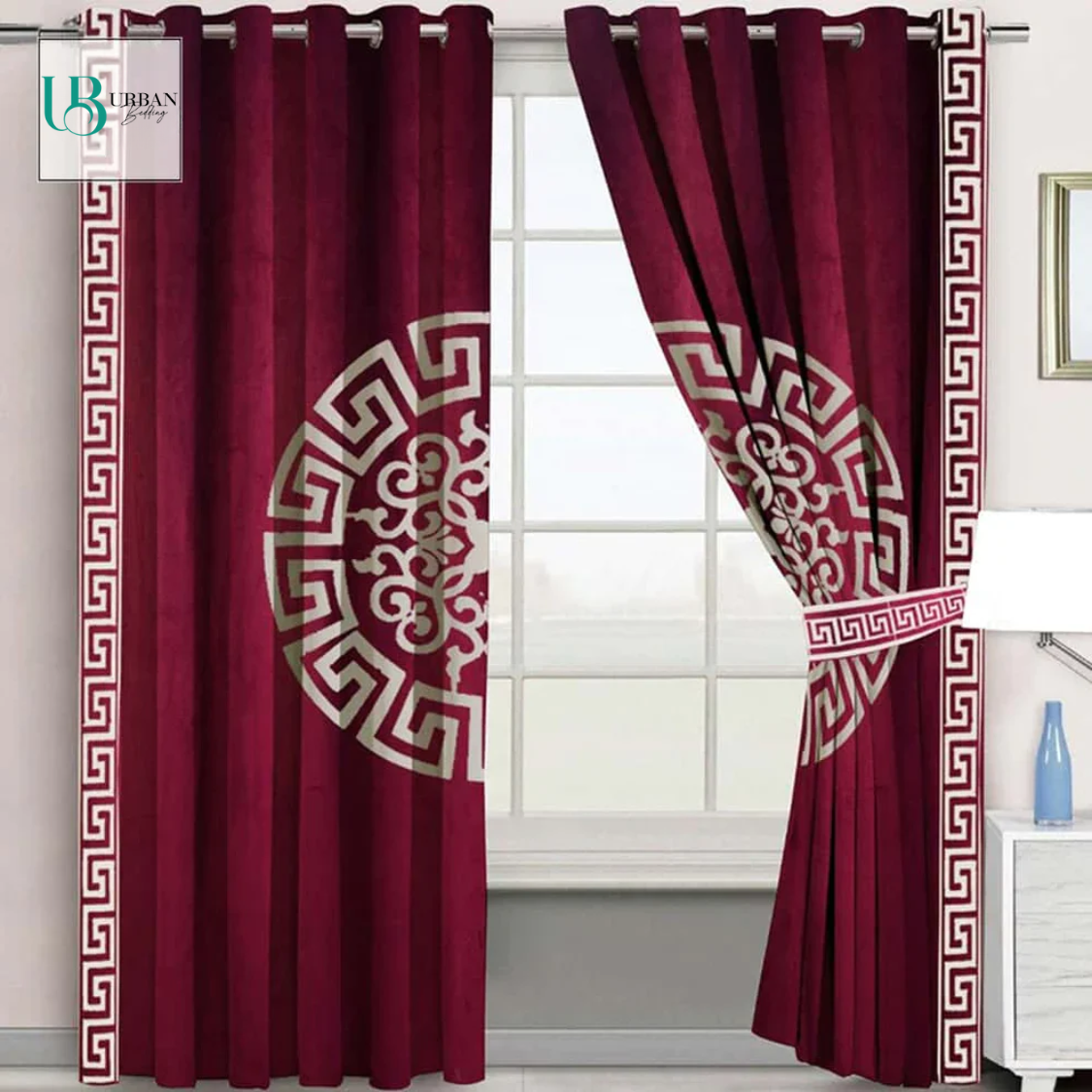 2 Pieces Premium splendid velvet curtain Panels & 2 Belts (Maroon/White)